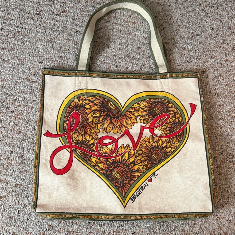 Canvas Tote Bag with Red "Love" Heart and Sunflower Print